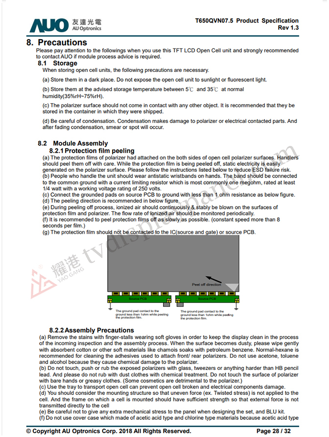 Handling precautions for AUO T650QVN07.9 ال سی دی panel