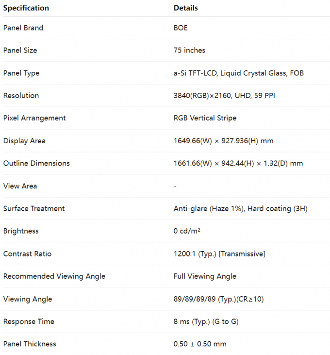 75-inch এলসিডি screen specifications