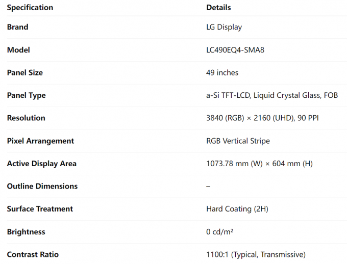 LG 49-inch এলসিডি panel technical specifications