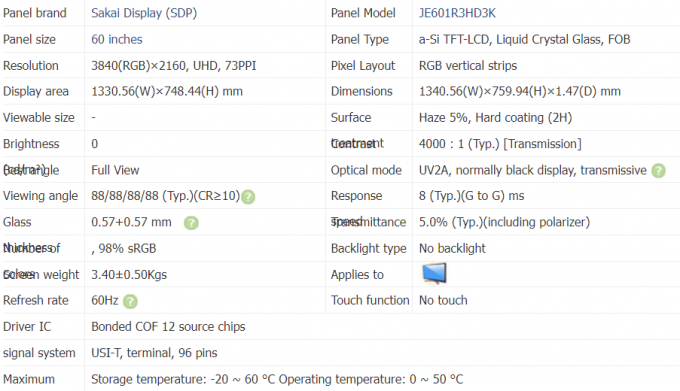 Technical specifications of 60-inch SHARP TV صفحه نمایش